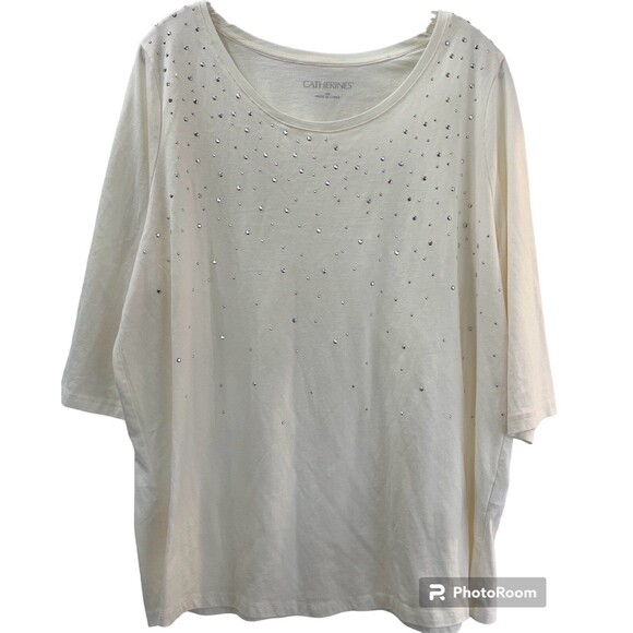 Catherines Womens Size 0X 14/16 Off White Elbow Sleeve Silver Studded Tee Shirt - Picture 1 of 8